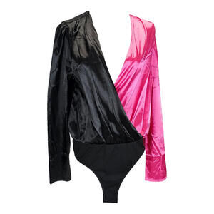 Shein Sassy Two-Tone Satin Bodysuit - Black & Pink Glam/L
